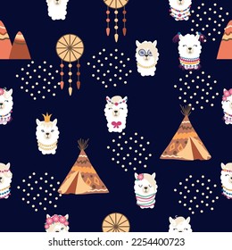 Seamless pattern with llama, alpaca faces. Cute drawings of llama head with hearts, inscription, mountains, cacti, star, dreamcatcher. Hand drawing for postcards, t-shirts, textiles.