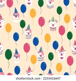 Seamless pattern with llama, alpaca faces. Birthday theme. Caps, balloons, inscription happy birthday.
