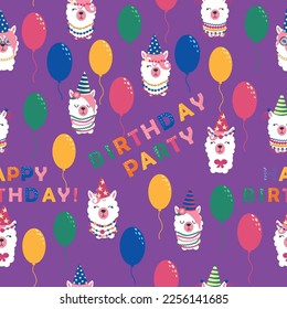Seamless pattern with llama, alpaca faces. Birthday theme. Caps, balloons, inscription happy birthday.