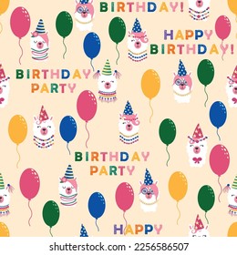 Seamless pattern with llama, alpaca faces. Birthday theme. Caps, balloons, inscription happy birthday.