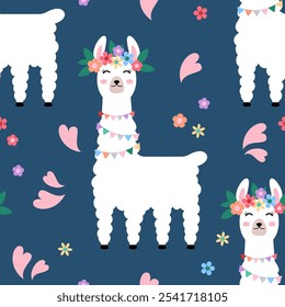 Padrão contínuo com Llama alpaca. Engraçado alpacas textura de fundo animal. Lhama Bonito ou Personagem Alpaca Lobo. Feliz lhama fofo