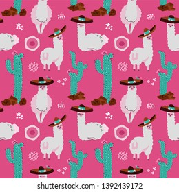 Seamless pattern with llama, alpaca,cactus and design elements on pink background. Vector hand drawn Illustration. South america's llama print for fabric, wallpaper, for kids goods. Cute Alpaca