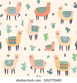 Seamless pattern with llama, alpaca,cactus. Vector hand drawn Illustration.