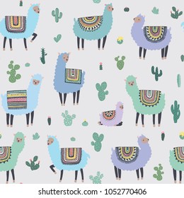 Seamless pattern with llama, alpaca,cactus. Vector hand drawn Illustration.