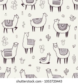 Seamless pattern with llama, alpaca,cactus. Vector hand drawn Illustration.