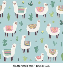 Seamless pattern with llama, alpaca,cactus. Vector hand drawn Illustration.