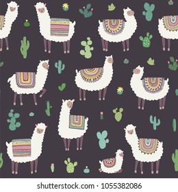 Seamless pattern with llama, alpaca,cactus. Vector hand drawn Illustration.