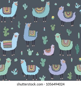 Seamless pattern with llama, alpaca,cactus. Vector hand drawn Illustration.