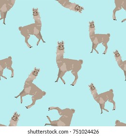 Seamless pattern with llama animal. Vector illustrated portrait of Llama or Alpaca on blue background