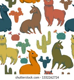 Seamless pattern with llama animals and cacti. Colorful decorative background. Cartoon characters. Vector illustration