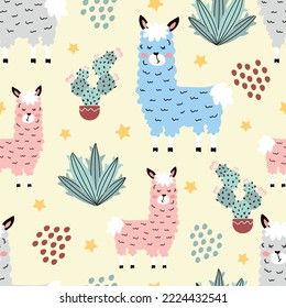 Seamless pattern with llama, cacti and abstract elements. Vector pattern for fabric, textiles, packaging, paper and bags.