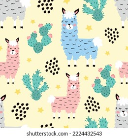 Seamless pattern with llama, cacti and abstract elements. Vector pattern for fabric, textiles, packaging, paper and bags.