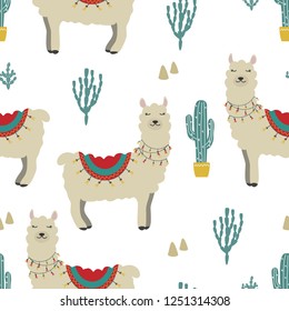 Seamless pattern of llama and cacti. Vector illustration for printing on fabric, packaging paper, children's clothing. Cute baby background.