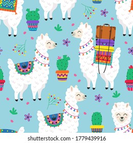 seamless pattern with llama and cacti
-  vector illustration, eps
