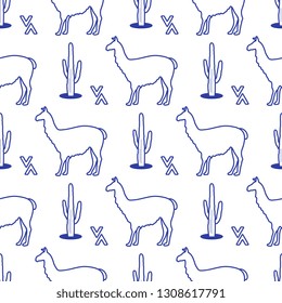 Seamless pattern with llama and cactus. Animal background. Design for card, announcement, advertisement, banner or print.