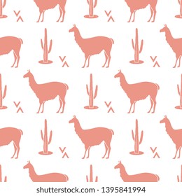 Seamless pattern with llama and cactus. Animal background. Design for card, announcement, advertisement, banner or print.