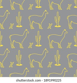 Seamless pattern with llama and cactus. Animal background. Design for card, announcement, advertisement, banner or print. Illuminating and Ultimate Gray.