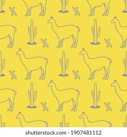 Seamless pattern with llama and cactus. Animal background. Design for card, announcement, advertisement, banner or print. Illuminating and Ultimate Gray.