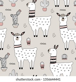 Seamless pattern with llama and cactus. Creative childish texture. Great for fabric, textile Vector Illustration