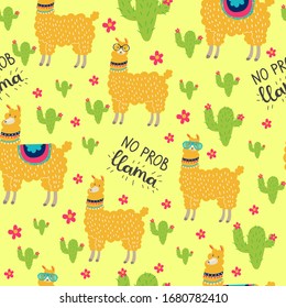 Seamless pattern with llama, cactus and floral elements. Vector illustration