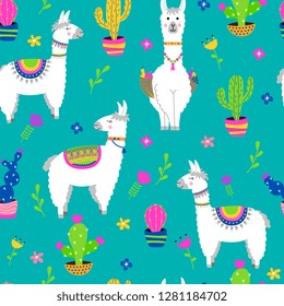 Seamless pattern with llama, cactus, flowers. Vector illustration. 