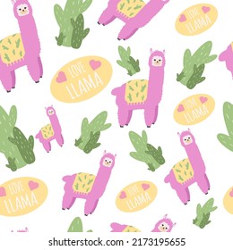 Seamless pattern of llama and cactus . Great for fabric, textile. Vector background