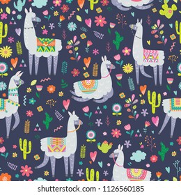 Seamless pattern with llama, cactus and hand drawn elements. Creative childish texture. Great for fabric, textile. Vector illustration. 