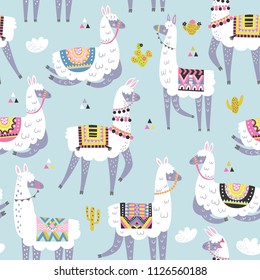 Seamless pattern with llama, cactus and hand drawn elements. Creative childish texture. Great for fabric, textile. Vector illustration. 