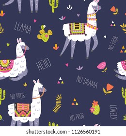 Seamless pattern with llama, cactus and hand drawn elements. Creative childish texture. Great for fabric, textile. Vector illustration. 