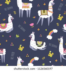 Seamless pattern with llama, cactus and hand drawn elements. Creative childish texture. Great for fabric, textile. Vector illustration. 