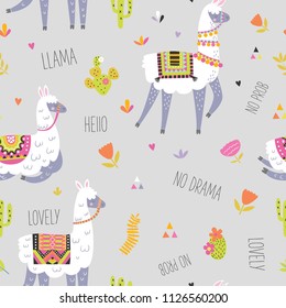 Seamless pattern with llama, cactus and hand drawn elements. Creative childish texture. Great for fabric, textile. Vector illustration. 