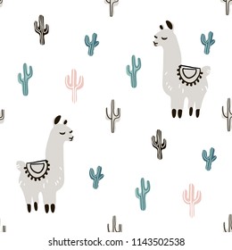 Seamless pattern with llama, cactus and hand drawn elements. Creative childish texture. Great for fabric, textile Vector Illustration