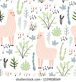 Seamless pattern with llama, cactus and hand drawn elements. Great for fabric, textile. Vector illustration. Creative childdish texture.