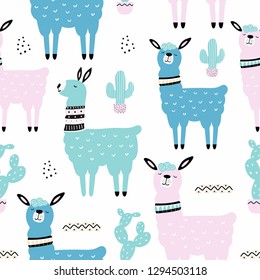 Seamless pattern with llama, cactus and hand drawn elements. Creative childish texture. Great for fabric, textile Vector Illustration 