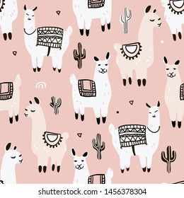 Seamless pattern with llama, cactus and hand drawn elements. Creative childish texture. Great for fabric, textile Vector Illustration