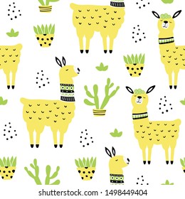 Seamless pattern with llama, cactus and hand drawn elements. Creative childish texture. Great for fabric, textile Vector Illustration 