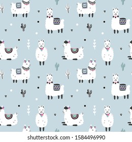 Seamless pattern with llama, cactus and hand drawn elements. Creative childish texture. Great for fabric, textile. Vector illustration.