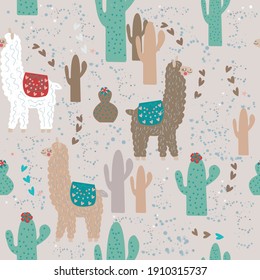 Seamless pattern with llama, cactus and hand drawn elements. Creative childish texture. Great for fabric, textile Vector Illustration