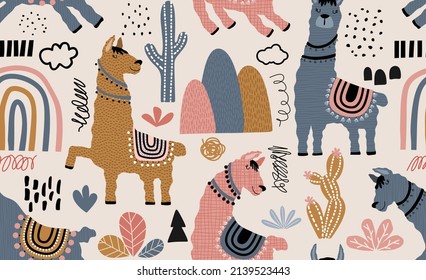 Seamless pattern with llama, cactus and hand drawn elements.