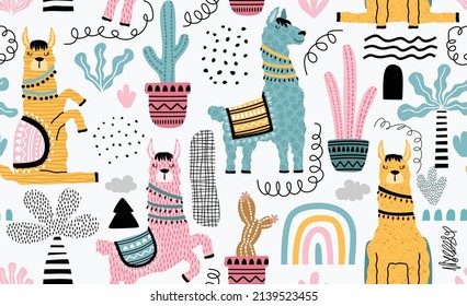 Seamless pattern with llama, cactus and hand drawn elements.