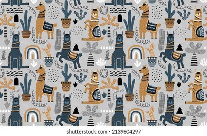 Seamless pattern with llama, cactus and hand drawn elements.