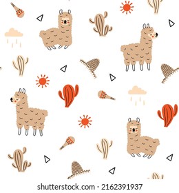 Seamless pattern with llama, cactus and hand drawn elements. Creative childish texture. Great for fabric, textile Vector Illustration