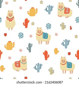 Seamless pattern with llama, cactus and hand drawn elements. Creative childish texture. Great for fabric, textile Vector Illustration