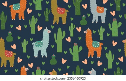 Seamless pattern with llama, cactus and hand drawn elements. Creative childish texture. Great for fabric, textile Vector Illustration