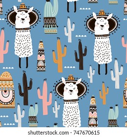 Seamless pattern with llama, cactus and hand drawn elements. Creative childish texture. Great for fabric, textile Vector Illustration