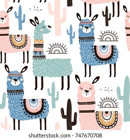 Seamless pattern with llama, cactus and hand drawn elements. Creative childish texture. Great for fabric, textile Vector Illustration