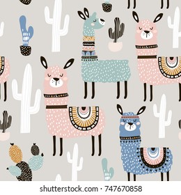 Seamless pattern with llama, cactus and hand drawn elements. Creative childish texture. Great for fabric, textile Vector Illustration