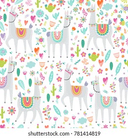 Seamless pattern with llama, cactus and hand drawn elements. Creative childdish texture. Great for fabric, textile. Vector illustration.