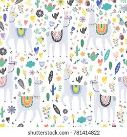 Seamless pattern with llama, cactus and hand drawn elements. Creative childdish texture. Great for fabric, textile. Vector illustration.