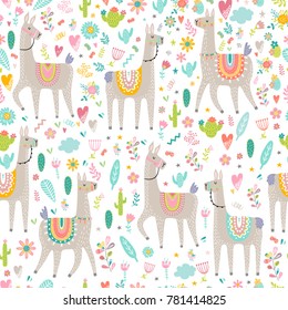 Seamless pattern with llama, cactus and hand drawn elements. Creative childdish texture. Great for fabric, textile. Vector illustration.